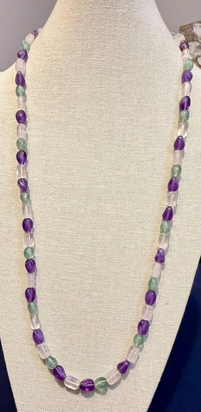 Vintage Acrylic Beaded Necklace Purple Green Clear 34”